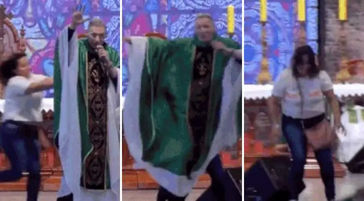 Woman Shoves Anti-Gay Priest Off a Stage